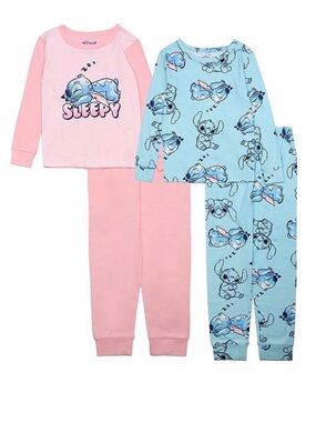 Disney Girls Pink & Light Blue Stitch 4 Piece Pajama Set NWT
